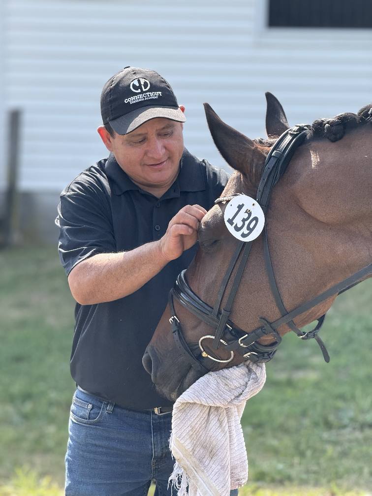 A trainer tending quietly to a bay horse's bridle, a focused moment of hands-on care